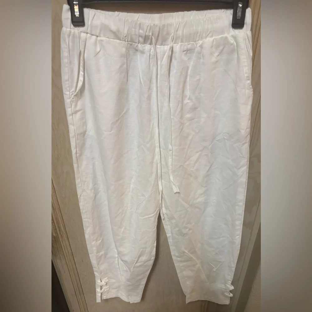 Linen Blend Pants‎ Womens M White Cropped Summer Resort Comfort Capri Drawstring